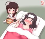  2girls ahoge alternate_costume black_hair blanket blush braid collarbone crying crying_with_eyes_open dated digital_thermometer futon highres holding kanon_(kurogane_knights) kantai_collection long_hair lying multiple_girls nose_blush on_back open_mouth red_eyes shigure_(kantai_collection) shirt short_hair short_sleeves sick single_braid sitting tears thermometer under_covers white_shirt wringing yamashiro_(kantai_collection) 