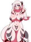  2018 anthro areola bear big_breasts black_nipples blue_eyes blush breasts female fur grey_fur grey_nose hair hi_res hybrid long_hair looking_back mammal navel nipples nude procyonid pussy raccoon ryousakai smile solo standing stripes thick_thighs white_hair wide_hips 