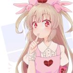 apron asamori bandages blonde_hair bunny_hair_ornament commentary_request eyebrows_visible_through_hair hair_ornament hand_on_own_face hat natori_sana nurse nurse_cap open_mouth peter_pan_collar pink_apron red_eyes sana_channel simple_background two_side_up virtual_youtuber 
