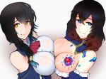  2girl black_hair bloodstained:_ritual_of_the_night blue_eyes breasts cleavage detached_sleeves dress gradient_hair large_breasts miriam_(bloodstained) multiple_girls solo symmetrical_docking tattoo 
