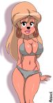  2016 anthro big_breasts bikini black_nose blonde_hair blush breasts canine cleavage clothed clothing disney ear_piercing eyebrows eyelashes eyeshadow female fully_clothed goof_troop hair lipstick lisa_(goof_troop) long_hair looking_at_viewer makeup mammal meegol navel piercing signature simple_background smile standing swimsuit thong 