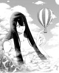 1boy 1girl apple13 balloon birds cloud fog forest giantess long_hair monochrome nude size_difference sky smile touching 