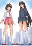  2girls building city giantess manzi multiple_giantesses multiple_girls school_uniform smile socks standing 