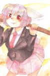  animal_ears blazer bunny_ears bunny_tail highres jacket looking_at_viewer necktie purple_hair red_eyes reisen shiz_(#0077) short_hair skirt smile solo tail touhou traditional_media uniform watercolor_(medium) 