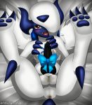  2018 anus balls blush claws digital_media_(artwork) gift_wrapped hi_res looking_at_viewer lying male mega_absol mega_evolution nintendo on_back open_mouth pawpads penis pok&eacute;mon pok&eacute;mon_(species) red_eyes ribbons signature solo toe_claws video_games winick-lim 