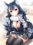 animal_ears artist_name black_hair blue_eyes blush breasts cleavage fur_collar fur_trim gigamessy gloves grey_wolf_(kemono_friends) kemono_friends long_hair long_sleeves multicolored_hair necktie skirt solo tail thighhighs thighs v-shaped_eyebrows wavy_mouth white_hair wolf_ears wolf_tail wooden_floor yellow_eyes 