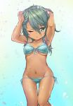  ass_visible_through_thighs bikini blue_background blue_bikini breasts cheese_(cheese_koubou) collarbone cowboy_shot eyebrows_visible_through_hair front-tie_top gradient gradient_background green_eyes green_hair hair_between_eyes hand_on_own_head highres kantai_collection kiso_(kantai_collection) lowleg lowleg_bikini navel no_eyepatch one_eye_closed plaid plaid_bikini school_uniform serafuku short_hair side-tie_bikini solo standing swimsuit tan thigh_gap underboob wet 