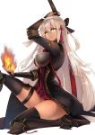  ahoge arm_guards arm_up armor bangs black_bow black_coat black_legwear bow breasts closed_mouth commentary_request dark_skin eyebrows_visible_through_hair fate/grand_order fate_(series) fire hair_between_eyes hair_bow hair_ornament highres holding_flame japanese_armor jazztaki katana knee_up large_breasts long_hair looking_at_viewer okita_souji_(alter)_(fate) okita_souji_(fate)_(all) red_skirt silver_hair simple_background sitting skirt solo suneate sword thigh_strap thighs underboob very_long_hair weapon white_background yellow_eyes 