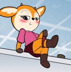  2018 aggressive_retsuko anthro bedroom_eyes blush boots cervine clothing eyelashes female flat_chested footwear fur half-closed_eyes looking_at_viewer mammal office orange_fur panties pose sanrio seductive skirt smile solo soulcentinel tsunoda underwear undressing 