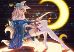  5555_96 animal_ears azur_lane backlighting bangs bare_shoulders bell blonde_hair blue_eyes blue_flower blue_kimono blush breasts cleavage commentary_request crescent eyebrows_visible_through_hair floating flower fox_ears fox_tail hair_flower hair_ornament head_tilt holding holding_sword holding_weapon japanese_clothes jingle_bell kimono long_hair looking_at_viewer multiple_tails niizuki_(azur_lane) off_shoulder sidelocks sitting skindentation solo sword tail tears thick_eyebrows thighhighs thighs weapon white_legwear wide_sleeves 