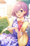  :d bespectacled blueberry chalkboard crepe dress fate/grand_order fate_(series) food food_wrapper fruit glasses haru_(hiyori-kohal) holding holding_food jacket lavender_hair looking_at_viewer mash_kyrielight open_mouth plaid plaid_dress purple_eyes short_hair smile solo strawberry yellow_jacket 