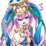  :d armlet bare_shoulders blue_hair blurry blurry_foreground blush breasts commentary_request crop_top depth_of_field gold_trim green_eyes green_ribbon hand_on_hip hat head_tilt heart heart-shaped_pupils index_finger_raised lakshmi_(p&amp;d) long_hair looking_at_viewer medium_breasts multicolored_hair open_mouth pikomarie purple_hair puzzle_&amp;_dragons ribbon smile solo symbol-shaped_pupils translation_request twintails two-tone_hair very_long_hair white_background 