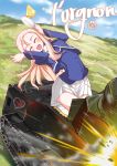  absurdres bc_freedom_(emblem) bc_freedom_military_uniform blonde_hair cake chengcheng2b cloud commentary_request day emblem food ft-17 girls_und_panzer green_eyes ground_vehicle highres long_hair marie_(girls_und_panzer) military military_vehicle motor_vehicle mountain saucer sky smile spoon tank translation_request 