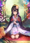  azutarou bangs black_hair crown floral_print flower full_body green_eyes hair_flower hair_ornament holding holding_flower indoors lilac long_hair looking_at_viewer original red_carpet seiza sitting solo wide_sleeves window 