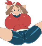  1girl bandanna bike_shorts blush breasts brown_hair cameltoe cleavage gigantic_breasts gloves gray_impact haruka_(pokemon) highres huge_breasts pokemon pokemon_(game) pokemon_rse short_hair short_sleeves shorts solo 