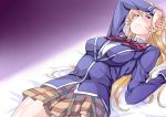  arm_on_head bed blazer blonde_hair blue_jacket blush bow breasts frown jacket kksukeke large_breasts long_hair looking_away lying nakiri_erina on_back plaid plaid_skirt pleated_skirt purple_eyes school_uniform shokugeki_no_souma skirt solo tootsuki_saryou_ryouri_gakuen_uniform very_long_hair 