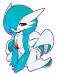  alternate_color bad_id bad_twitter_id blue_hair breasts collarbone commentary english_commentary full_body gardevoir gen_3_pokemon hair_over_one_eye half-closed_eyes highres looking_away looking_to_the_side navel no_humans no_nipples outline pokemon pokemon_(creature) red_eyes shiny shiny_pokemon shiny_skin short_hair simple_background sitting slugbox small_breasts solo wariza white_background 