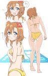  adjusting_clothes adjusting_swimsuit angry ass back barefoot bikini blue_eyes commentary_request flower from_behind full_body hair_flower hair_ornament highres kousaka_honoka love_live! love_live!_school_idol_project multiple_views one_side_up orange_hair simple_background surprised swimsuit tetopetesone white_background yellow_bikini 