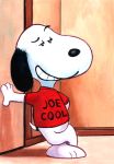  2016 2018 absurd_res anthro beagle black_nose bottomless canine clothed clothing crossed_legs dog english_text fur grim1978 grin half-closed_eyes hi_res leaning leaning_back long_ears mammal painting_(artwork) peanuts raised_eyebrow shirt smile smug snoopy t-shirt text traditional_media_(artwork) white_body white_fur 