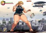  1girl alien_invasion bakugeki_no_g bandage bare_shoulders barefoot black_shirt blonde_hair blue_eyes breasts building city curvy destruction fighting_pose giantess large_breasts life_bar muscle ponytail shorts solo spaceship standing street thick_thighs video_game wide_hips zipper 