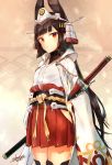  animal_ears azur_lane bangs black_hair black_legwear blush closed_mouth commentary_request dated eyebrows_visible_through_hair hand_on_hip headpiece highres japanese_clothes katana kimono long_hair long_sleeves looking_at_viewer nagato_(azur_lane) nagato_(azur_lane)_(old_design) pleated_skirt red_eyes red_skirt sakusyo sheath sheathed short_kimono signature skirt solo sword thighhighs thighs very_long_hair weapon white_kimono wide_sleeves 