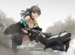  absurdres animal bikini_top breasts choker cleavage commentary_request dw fingerless_gloves girls_frontline gloves grey_eyes grey_hair gun headphones highres honey_badger honey_badger_(girls_frontline) honey_badger_(gun) long_hair magazine_(weapon) nail_polish peace_symbol rifle skirt smoke squatting thighhighs thighs weapon 