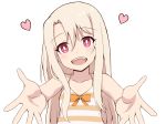  :d bangs bare_arms bare_shoulders blonde_hair blush bow breasts camisole collarbone commentary_request eyebrows_visible_through_hair fate/kaleid_liner_prisma_illya fate_(series) hair_between_eyes heart highres illyasviel_von_einzbern long_hair looking_at_viewer mitchi open_mouth orange_bow outstretched_arms red_eyes simple_background small_breasts smile solo striped striped_camisole upper_teeth very_long_hair white_background white_pupils 