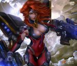  1girl armpits blue_eyes bodysuit breasts cameltoe cleavage cleavage_cutout covered_navel dual_wielding gun gun_goddess_miss_fortune huge_weapon large_breasts league_of_legends logan_cure patreon_logo power_armor red_hair sarah_fortune skin_tight tagme weapon 