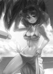  1girl absurdres beach bikini breasts choker cleavage clothes_lift creatures_(company) day eyewear_lift eyewear_on_head game_freak greyscale grin highres jiffic looking_at_viewer medium_breasts micro_bikini_top monochrome naughty_face navel nintendo no_panties ocean pokemon pokemon_(game) pokemon_xy sarong short_hair sina_(pokemon) skindentation sleeveless smile solo standing sunglasses swimsuit thighs underboob 