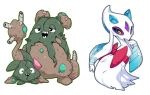  bad_twitter_id black_eyes blue_eyes commentary english_commentary froslass full_body garbodor gen_4_pokemon gen_5_pokemon half-closed_eyes hand_to_own_mouth hand_up highres horns ice no_humans open_mouth outline pokemon pokemon_(creature) sharp_teeth simple_background slugbox smile standing teeth trubbish white_background yellow_sclera 