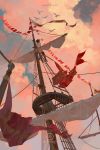  absurdres awanqi bird blue_sky boat brown_hair cloud crow's_nest flock highres looking_afar looking_up male_focus mast original outdoors red_flag rigging seagull ship sitting sky string_of_flags watercraft watermark web_address 