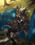  2018 4_toes azura_(loneguardian) bird&#039;s-eye_view black_eyes black_feathers black_fur blue_skin cannibalistic_tendencies chest_tuft claws curved_horn day digital_media_(artwork) dragon duo embrace eye_scar eyes_closed feathered_wings feathers female feral fur furred_dragon fynxi grass happy high-angle_view horn hug larger_male looking_at_another looking_at_partner lying male membranous_wings on_back on_top open_mouth open_smile outside pink_tongue quadruped red_sclera romantic_couple scalie scar sharp_claws signature size_difference smaller_female smile smooth_horn spread_legs spread_wings spreading toe_claws toes tongue tongue_out tree tuft western_dragon white_feathers white_fur white_horn wings 