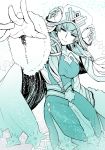  bangs breasts commentary_request dress earrings eyebrows_visible_through_hair fingernails fire_emblem fire_emblem_heroes fur_trim gunnthra_(fire_emblem) hat highres jewelry long_hair long_sleeves looking_at_viewer medium_breasts monochrome nakabayashi_zun outstretched_arm parted_lips simple_background smile solo 