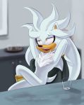  boots bracelet chest_tuft clothing crossed_legs footwear freedomfightersonic fur gloves hedgehog jewelry lazy male mammal nude office open_maw short_tail silver_the_hedgehog sitting smug solo sonic_(series) teeth tongue tuft white_fur yellow_eyes 