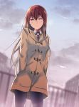  absurdres black_legwear blurry blurry_background brown_hair cloud cloudy_sky coat collared_shirt cowboy_shot hair_between_eyes hands_in_pockets highres long_hair looking_at_viewer makise_kurisu namari necktie pantyhose railing shirt silver_eyes sky smile solo steins;gate steins;gate_0 