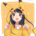  alternate_costume animal_costume animal_ears artist_name blue_hair blush blush_stickers border collarbone commentary_request cosplay dark_blue_hair eyebrows_visible_through_hair fake_animal_ears gen_1_pokemon grey_eyes hair_ornament hairclip hands_up hikari_(pokemon) hood kigurumi long_hair long_sleeves looking_at_viewer open_mouth paw_pose pikachu_hood pokemon pokemon_(game) pokemon_dppt ririmon simple_background solo tail teeth translated twitter_username upper_body white_border yellow_background 