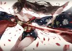  brown_hair chinese_clothes chinese_dress dress long_hair petals red_eyes sword weapon 