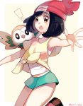  ! 1girl arm_up armpits beanie beige_background black_eyes black_footwear black_hair blush border collarbone female floral_print gen_7_pokemon green_shorts hat highres leg_up looking_at_viewer matching_hair/eyes mizuki_(pokemon) open_mouth outstretched_arm poke_ball_theme pokemon pokemon_(creature) pokemon_(game) pokemon_sm red_hat ririmon rowlet shirt shoes short_hair short_shorts short_sleeves shorts signature simple_background solo_focus standing standing_on_one_leg teeth tied_shirt twitter_username undershirt white_border wings yellow_shirt 