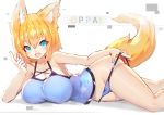  animal_ear_fluff animal_ears bare_arms bare_legs bare_shoulders blue_eyes blue_panties blush breasts commentary covered_navel covered_nipples eyebrows eyebrows_visible_through_hair fang fox_ears fox_tail hair_between_eyes hips large_breasts lifted_by_self looking_at_viewer lying mamuru on_side open_mouth original panties panty_lift panty_pull pulled_by_self ribbon_panties see-through short_hair smile solo tail tank_top thighs underwear 