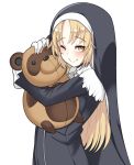  ;) bangs blonde_hair blush capelet eyebrows_visible_through_hair habit highres long_hair looking_at_viewer nijisanji nun object_hug omas_lie one_eye_closed parted_bangs simple_background sister_cleaire smile solo stuffed_animal stuffed_toy teddy_bear very_long_hair virtual_youtuber white_background white_capelet 