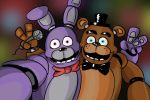  2018 animatronic anthro bear bonnie_(fnaf) bow_tie digital_media_(artwork) five_nights_at_freddy&#039;s freddy_(fnaf) hat hi_res lagomorph machine male mammal rabbit robot simple_background top_hat tsukazi video_games 