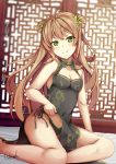 absurdres blush bow breasts brown_hair china_dress chinese_clothes chrisandita cleavage collarbone commentary double_bun dress girls_frontline green_eyes hair_bow hair_ribbon highres long_hair open_mouth rfb_(girls_frontline) ribbon signature sitting skirt skirt_lift smile string_panties 