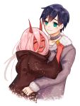  1girl bad_id bad_pixiv_id black_cloak black_hair blue_eyes cloak coat commentary_request couple darling_in_the_franxx eyebrows_visible_through_hair fur_trim green_eyes hetero hiro_(darling_in_the_franxx) hood hooded_cloak horns hug long_hair oni_horns parka pink_hair red_horns red_skin spoilers victor118 winter_clothes winter_coat younger zero_two_(darling_in_the_franxx) 
