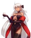  absurdres ahoge bangs black_bow black_dress black_gloves black_legwear bow breasts cleavage cleavage_cutout closed_mouth collarbone commentary_request cowboy_shot cup cupping_glass dark_skin dress drink drinking_glass elbow_gloves eyebrows_visible_through_hair eyes_visible_through_hair fate/grand_order fate_(series) frilled_dress frills frown gloves hair_between_eyes hair_bow hair_ornament halterneck hand_on_own_elbow highres holding huitu_xigai large_breasts long_hair looking_at_viewer midriff midriff_peek okita_souji_(alter)_(fate) okita_souji_(fate)_(all) shawl silver_eyes silver_hair solo standing thighhighs thighs v-shaped_eyebrows very_long_hair white_background wine_glass 