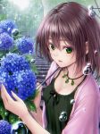  black_ribbon blue_flower breasts brown_hair bubble cleavage collarbone eyebrows_visible_through_hair flower green_eyes hair_between_eyes highres holding holding_umbrella hydrangea jacket jewelry macha0331 medium_breasts neck_ribbon necklace open_clothes open_jacket open_mouth original outdoors pink_jacket rain ribbon shirt short_hair short_sleeves sleeveless sleeveless_shirt solo stairs transparent transparent_umbrella umbrella 