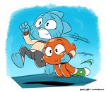  2018 3_toes 4_fingers blue_fur brother cartoon_network cat confusion darwin_watterson digital_media_(artwork) duo feline fish fur gumball_watterson hi_res joaoppereiraus male mammal marine orange_skin running scared sibling simple_background sweat the_amazing_world_of_gumball toes whiskers 