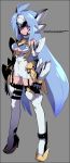  android bare_shoulders blue_hair breasts cleavage commentary_request cyborg elbow_gloves forehead_protector fujimoto_hideaki gloves groin kos-mos kos-mos_ver._4 long_hair solo standing thighhighs thighs underboob very_long_hair xenosaga 