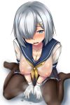  black_legwear blue_eyes blush breasts cleavage commentary_request embarrassed gloves grey_skirt hair_ornament hair_over_one_eye hairclip hamakaze_(kantai_collection) kantai_collection large_breasts looking_at_viewer nipples no_bra no_shoes pantyhose pleated_skirt school_uniform see-through seiza serafuku short_hair silver_hair simple_background sitting skirt solo terakoya wet wet_clothes white_background white_gloves white_hair 