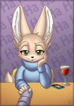  2018 aggressive_retsuko alcohol anthro beverage blush canine cellphone clothing female fennec fenneko fox green_eyes hand_holding inner_ear_fluff looking_at_viewer mammal phone sanrio sidnithefox smile sweater wine wine_glass 