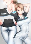  android arms_behind_head blue_eyes breasts breasts_apart brown_hair collarbone commentary covered_navel covered_nipples detroit:_become_human ginhaha grey_background kara_(detroit) medium_breasts multiple_views pants parted_lips short_sleeves simple_background smile thigh_gap 
